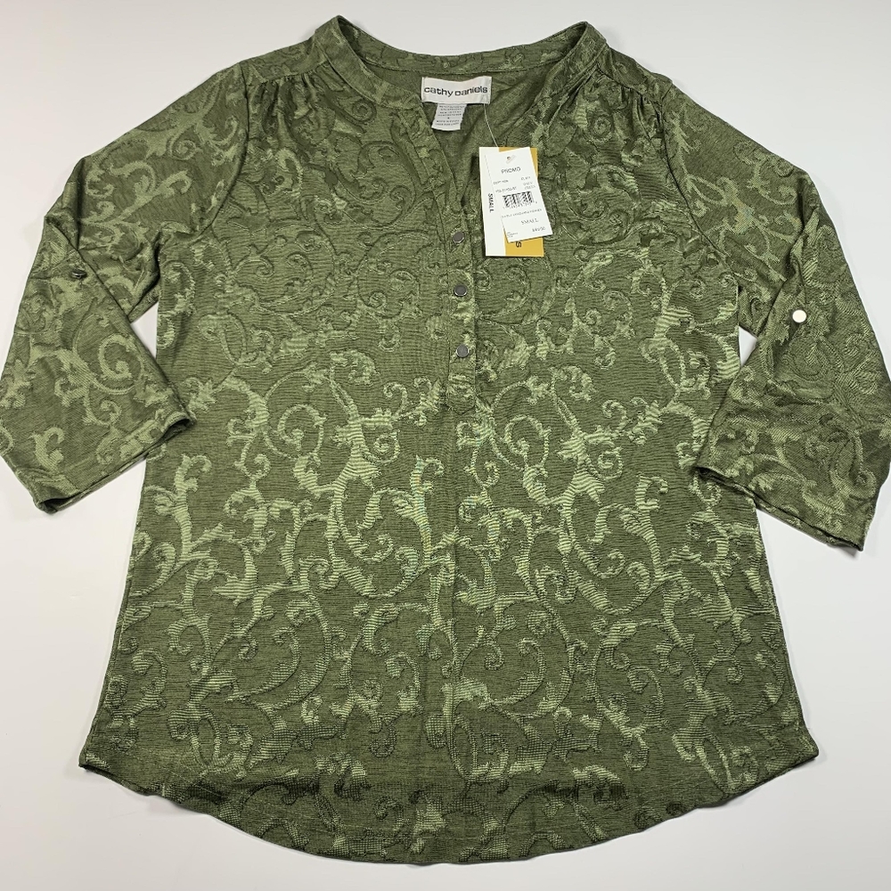NWT Cathy Daniels Womens 3/4 Sleeve V Neck Jacquard Henley Blouse Top Size Small